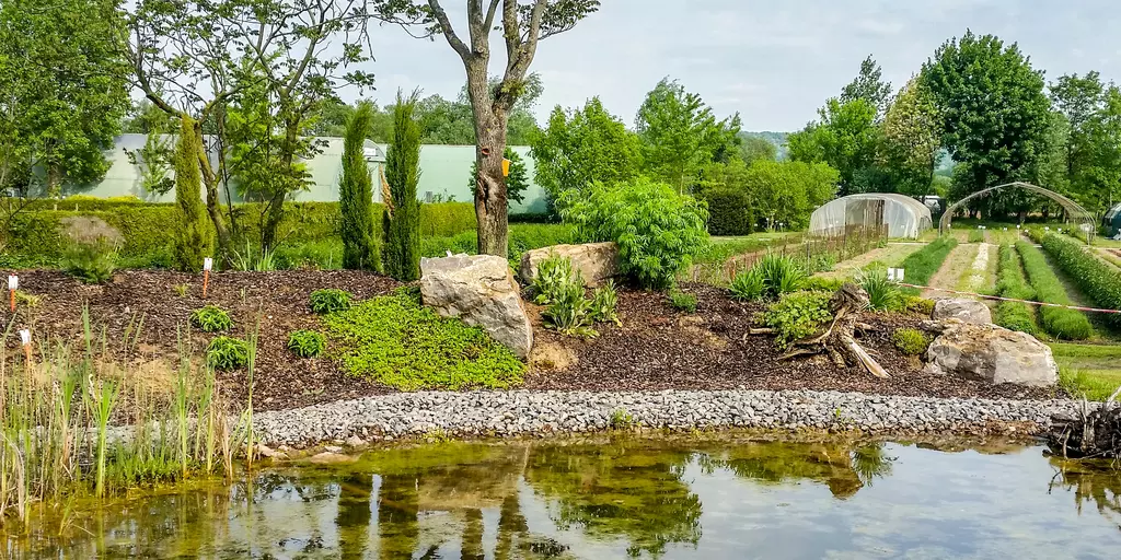 Blick auf den Teich und die Gewächshäuser von Terra Medica