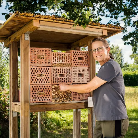 Mitarbeiterin steht vor dem Insektenhotel in Terra Medica